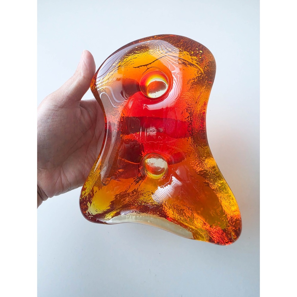Vintage MCM Blenko Amoeba Amber Red Glass Biomorphic 2 Hole Candle Holder - Picture 5 of 9